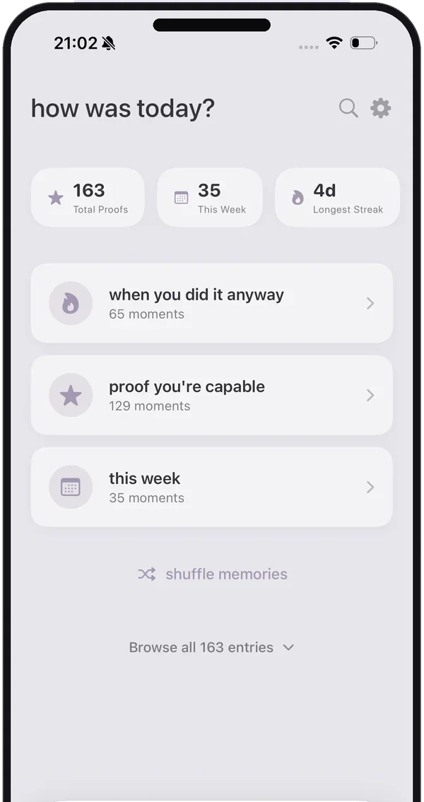 DoubtFree home screen showing 163 total proofs, 35 this week, a 4 day longest streak, and categories like proof you're capable