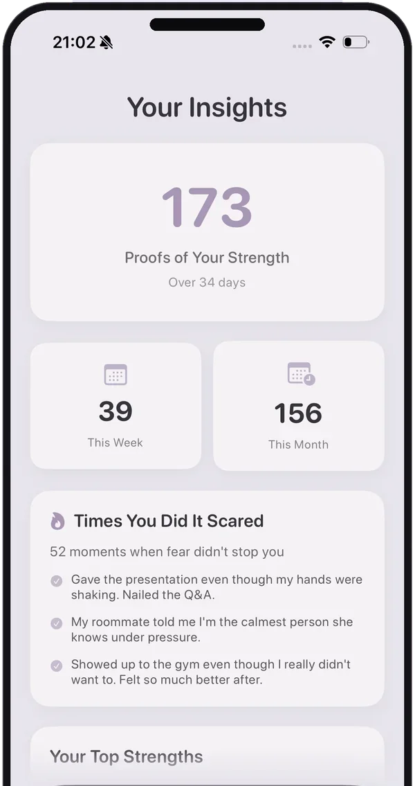 Insights screen showing 173 proofs over 34 days and a list of times you did it scared