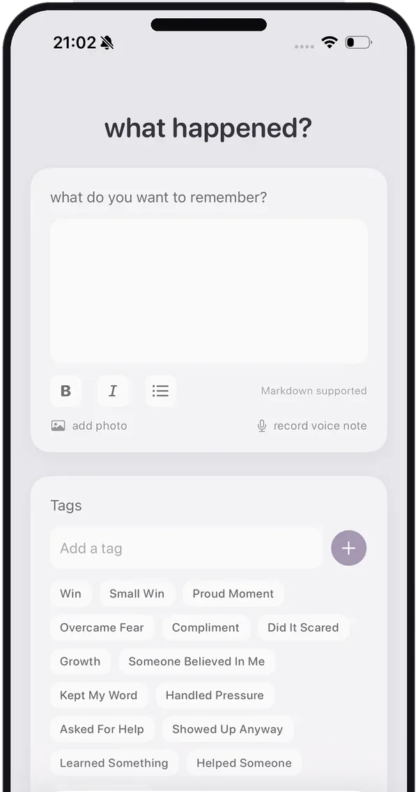 New entry screen with a text box, photo and voice note options, and tags like Did It Scared and Kept My Word