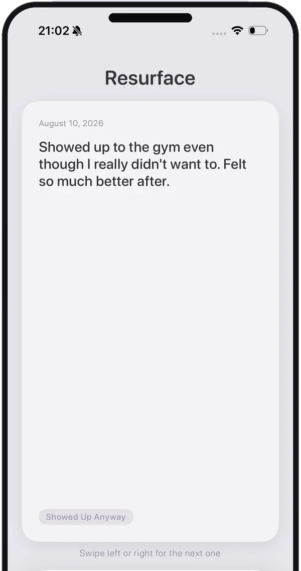 Resurface screen showing one proof card that says showed up to the gym even though I really did not want to